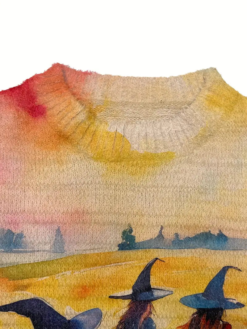 Casual Crew Neck Long Sleeve Sweater, Women's Clothing Halloween Witches