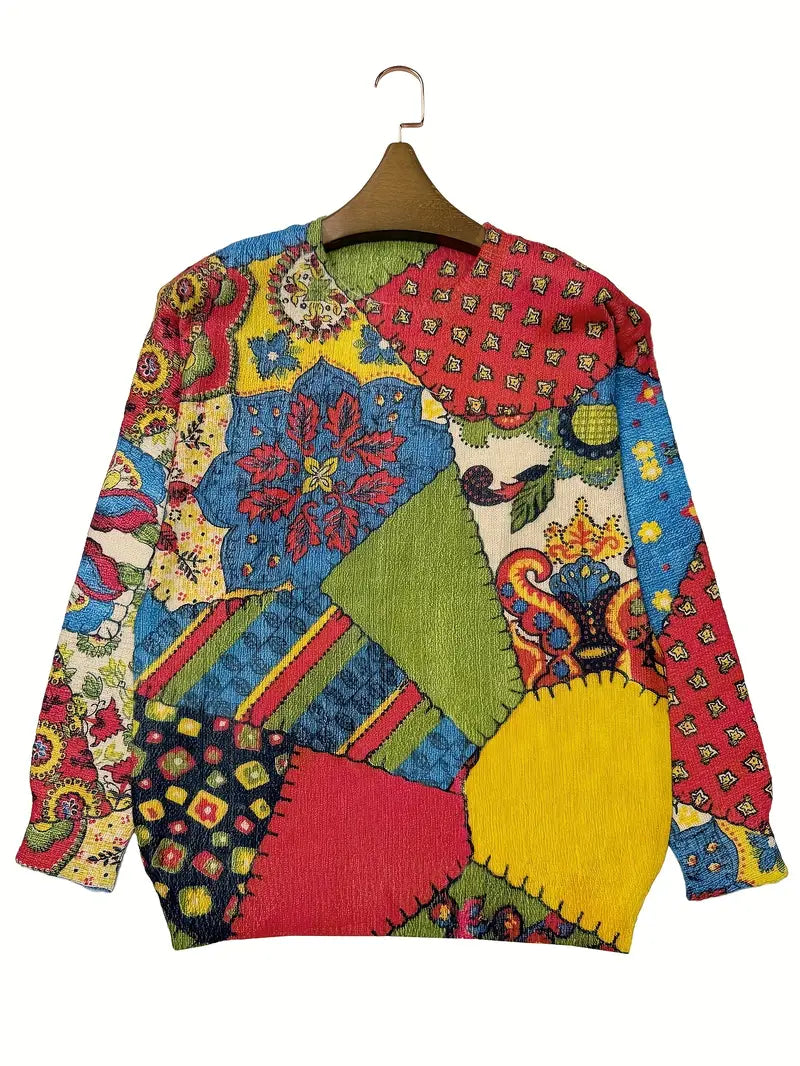Casual Crew Neck Long Sleeve Sweater, Women's Clothing Vibrant Floral & Geometric