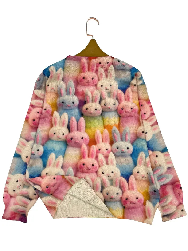 Casual Crew Neck Long Sleeve Sweater, Women's Clothing Rabbit Pattern