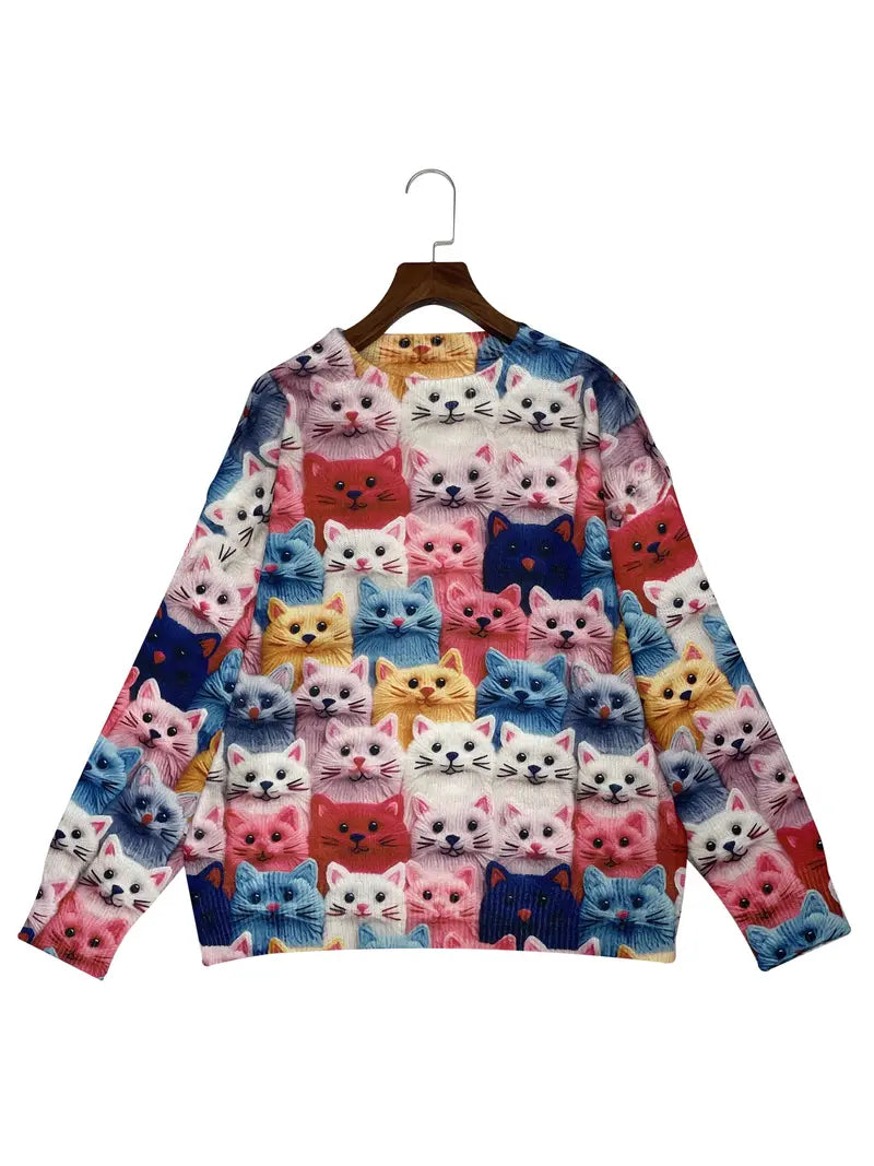 Casual Crew Neck Long Sleeve Sweater, Women's Clothing Colorful Cat
