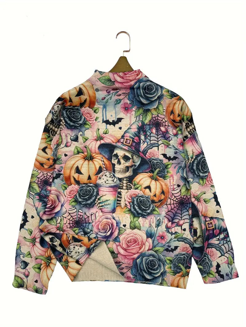 Casual Crew Neck Long Sleeve Sweater, Women's Clothing 3D Halloween