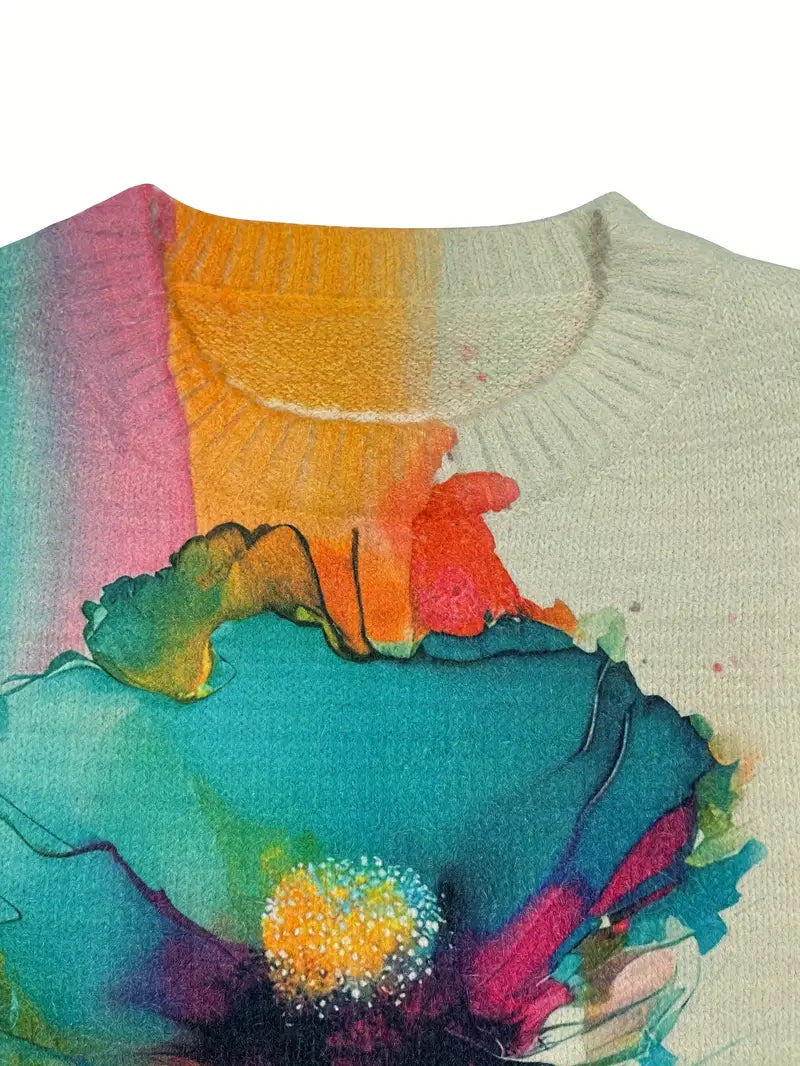 Casual Crew Neck Long Sleeve Sweater, Women's Clothing All-Over Floral Print