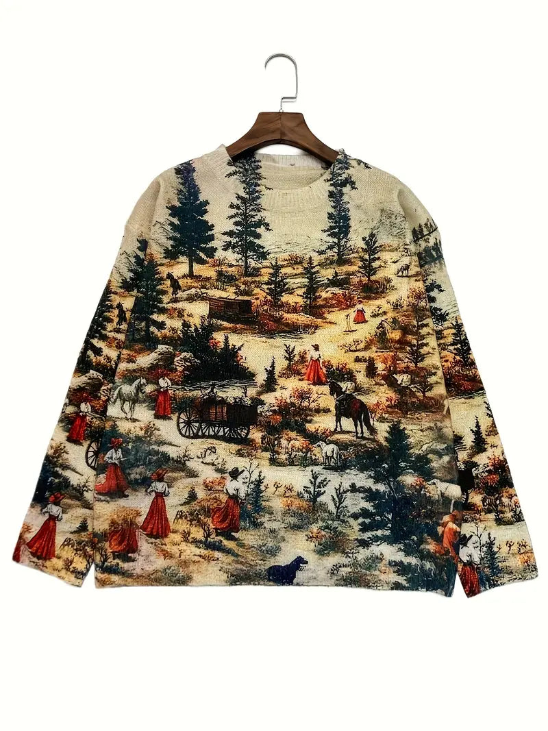 Casual Crew Neck Long Sleeve Sweater, Women's Clothing Vintage Autumn Forest
