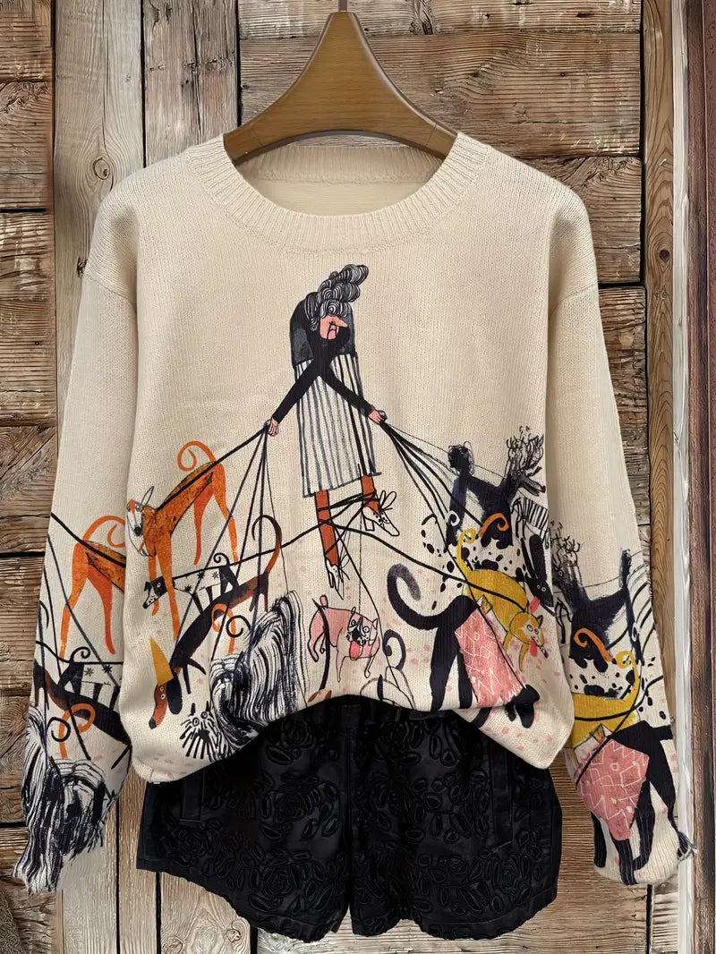 Casual Crew Neck Long Sleeve Sweater, Women's Clothing Old for Man takes a walk