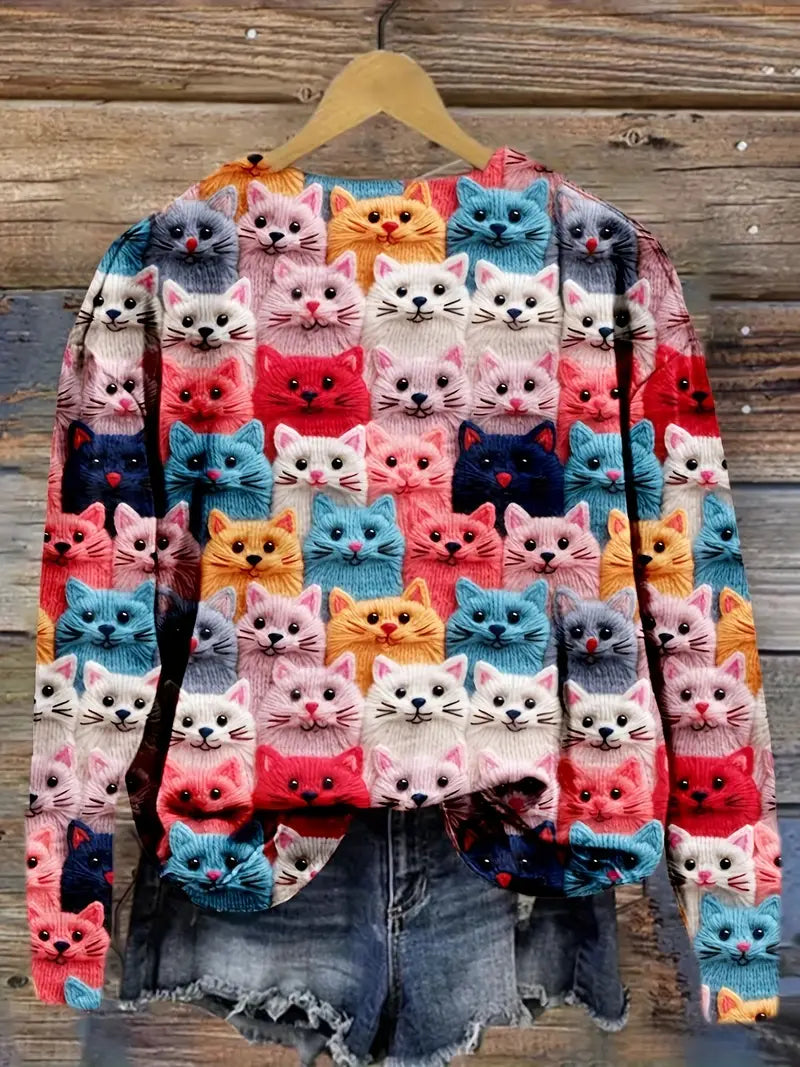 Casual Crew Neck Long Sleeve Sweater, Women's Clothing Colorful Cat