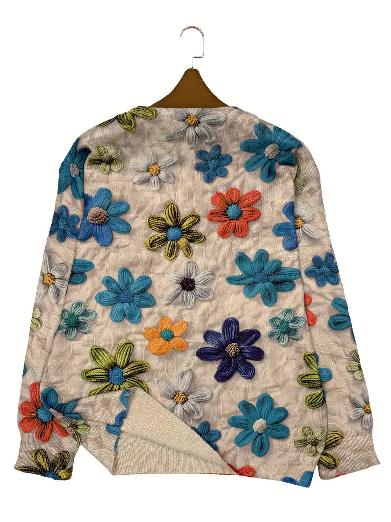 Casual Crew Neck Long Sleeve Sweater, Women's Clothing Raven and Flower