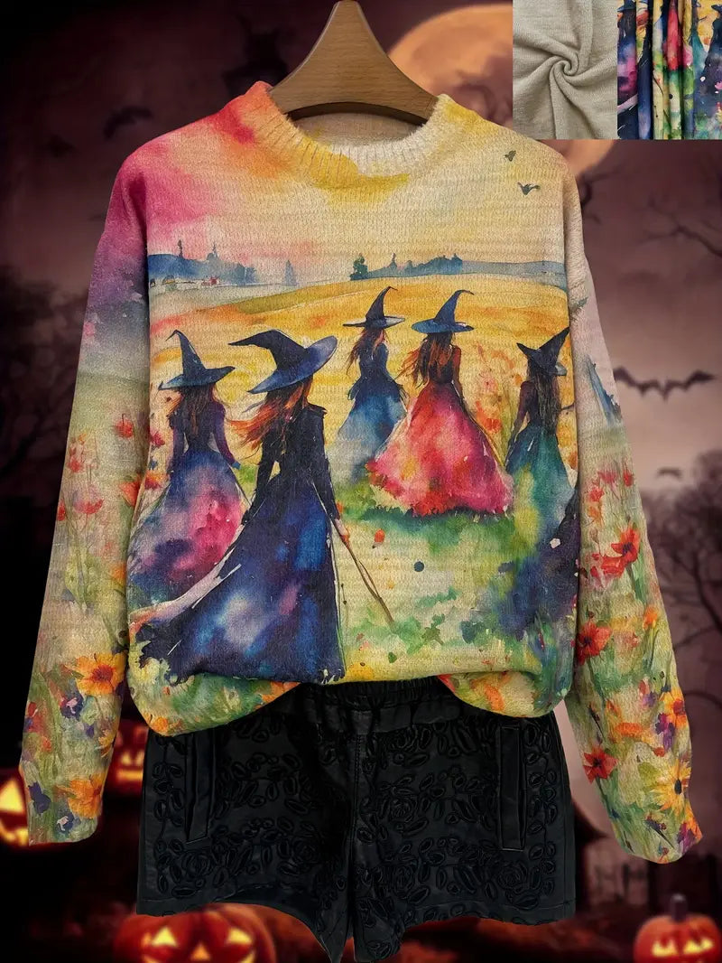 Casual Crew Neck Long Sleeve Sweater, Women's Clothing Halloween Witches