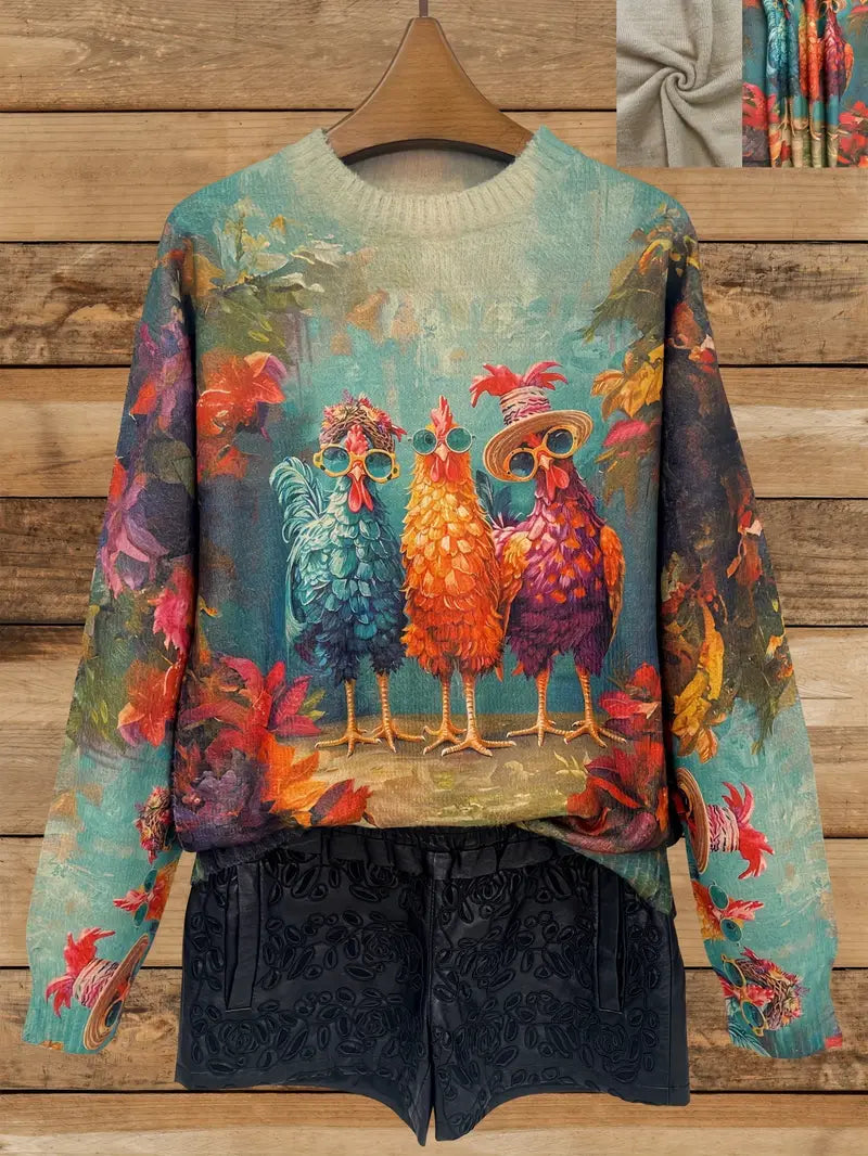 Casual Crew Neck Long Sleeve Sweater, Women's Clothing Vibrant Print