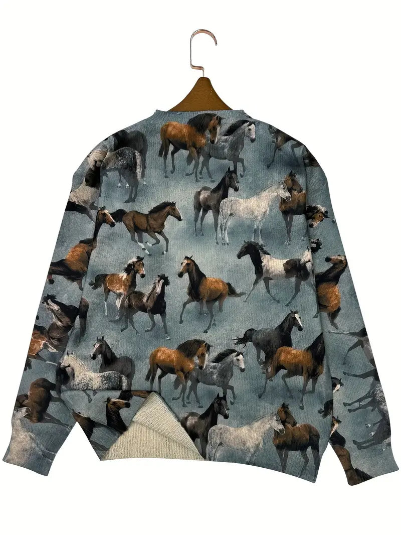Casual Crew Neck Long Sleeve Sweater, Women's Clothing Horse Herd Print