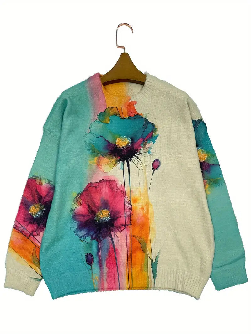 Casual Crew Neck Long Sleeve Sweater, Women's Clothing All-Over Floral Print