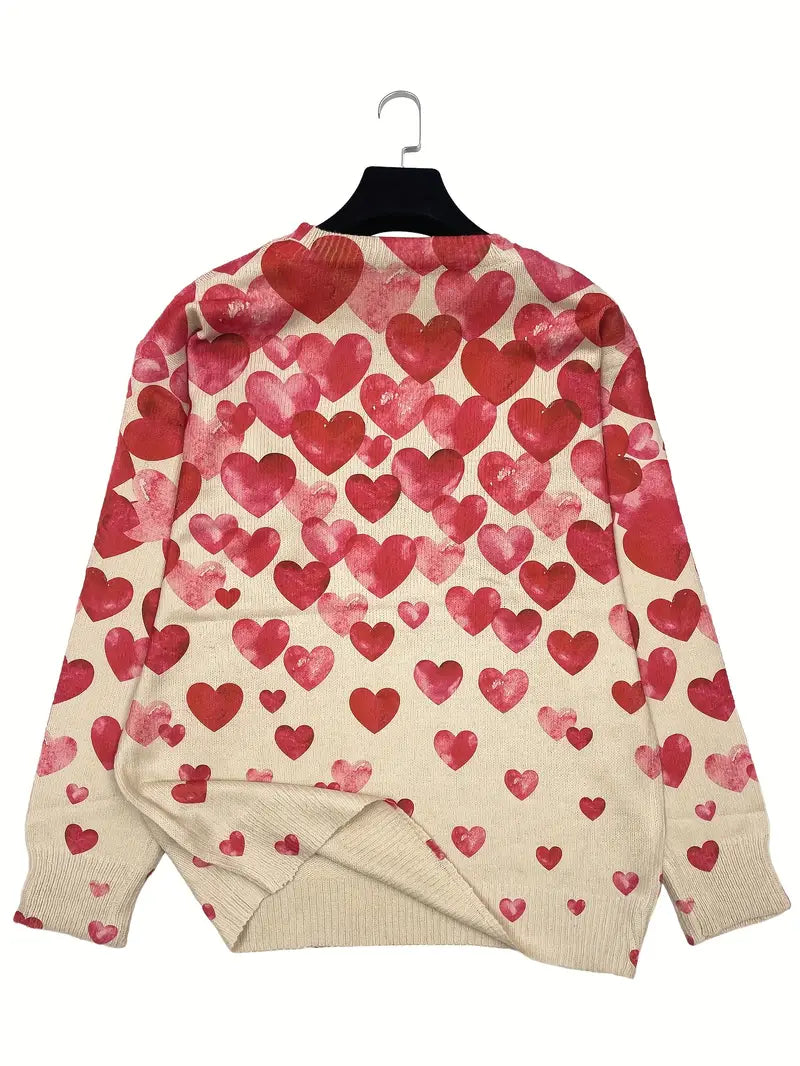Casual Crew Neck Long Sleeve Sweater, Women's Clothing Beige & Red Heart