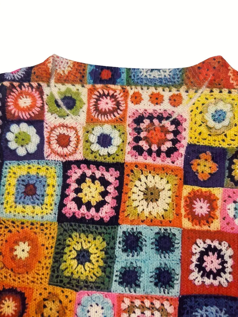 Casual Crew Neck Long Sleeve Sweater, Women's Clothing Rectangle Pattern