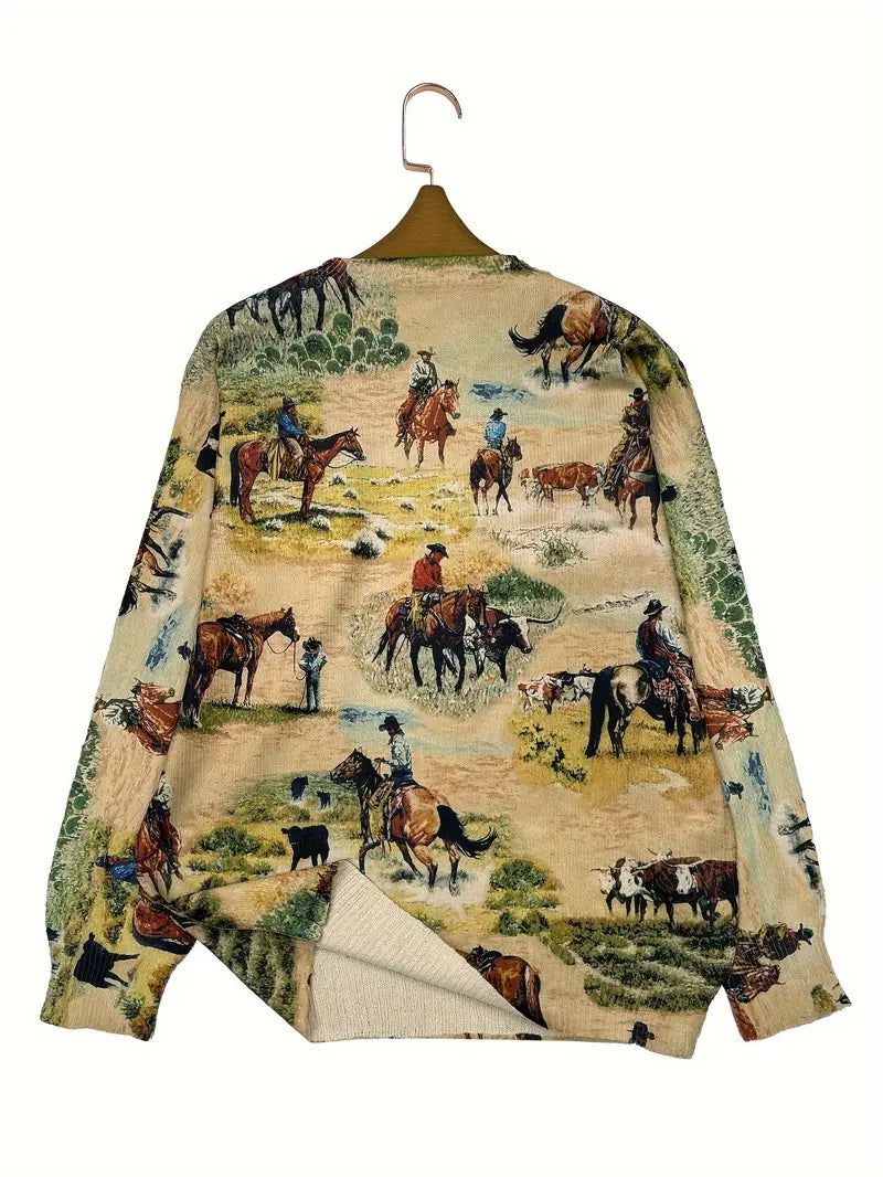 Casual Crew Neck Long Sleeve Sweater, Women's Clothing Western Cowboy