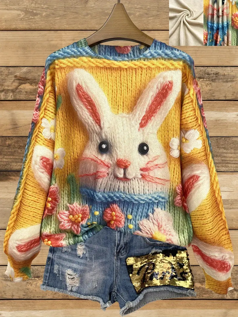 Casual Crew Neck Long Sleeve Sweater, Women's Clothing Rabbit Pattern