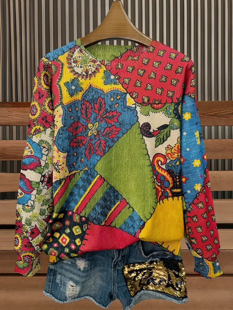 Casual Crew Neck Long Sleeve Sweater, Women's Clothing Vibrant Floral & Geometric