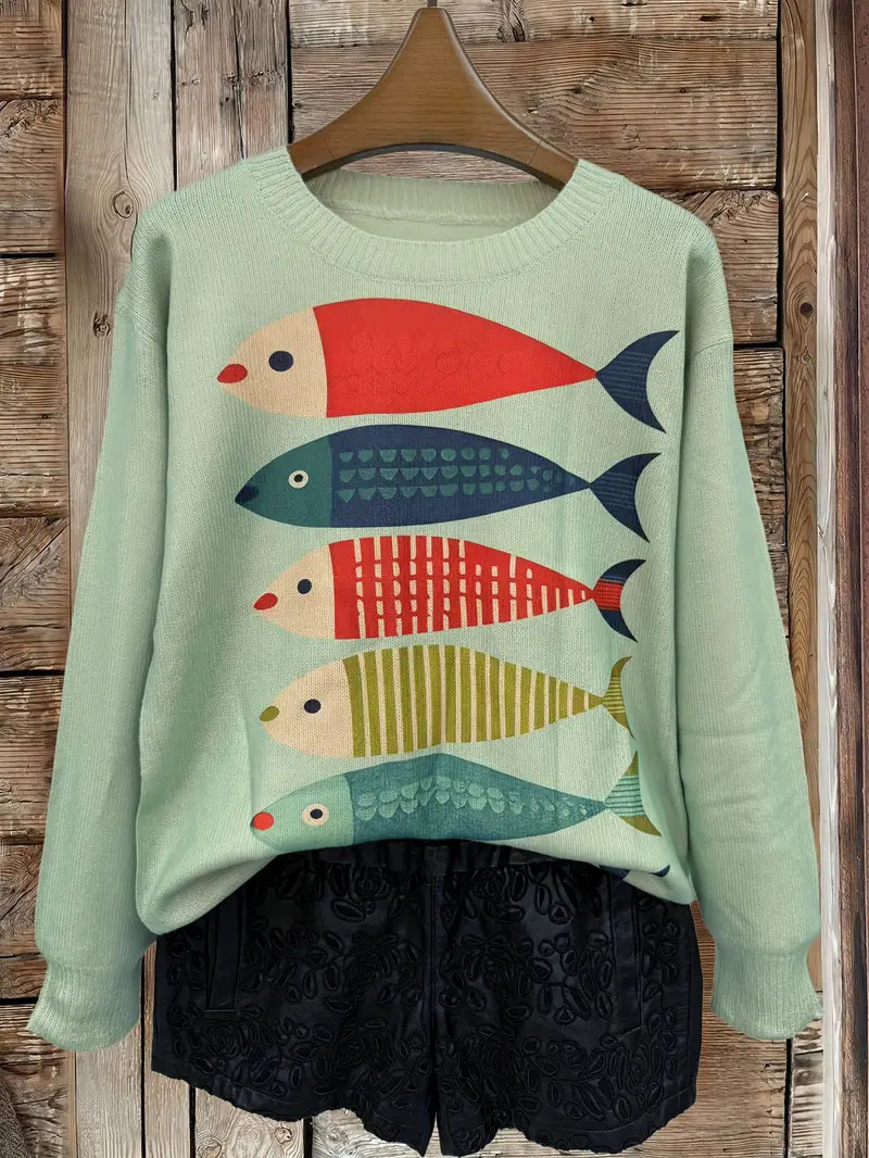Casual Crew Neck Long Sleeve Sweater, Women's Clothing Fish Pattern