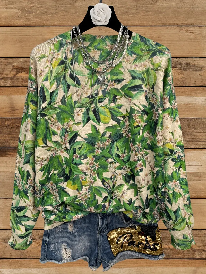 Casual Crew Neck Long Sleeve Sweater, Women's Clothing Green & White Floral