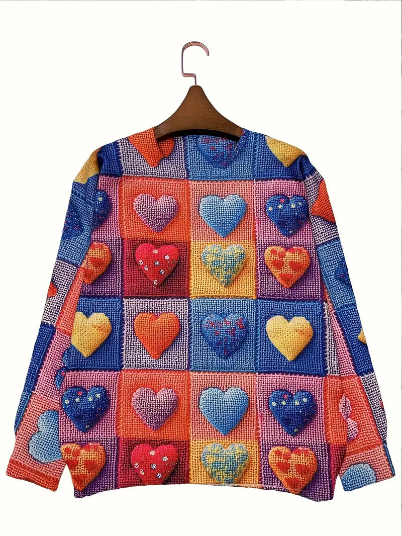 Casual Crew Neck Long Sleeve Sweater, Women's Clothing Multicolor Heart