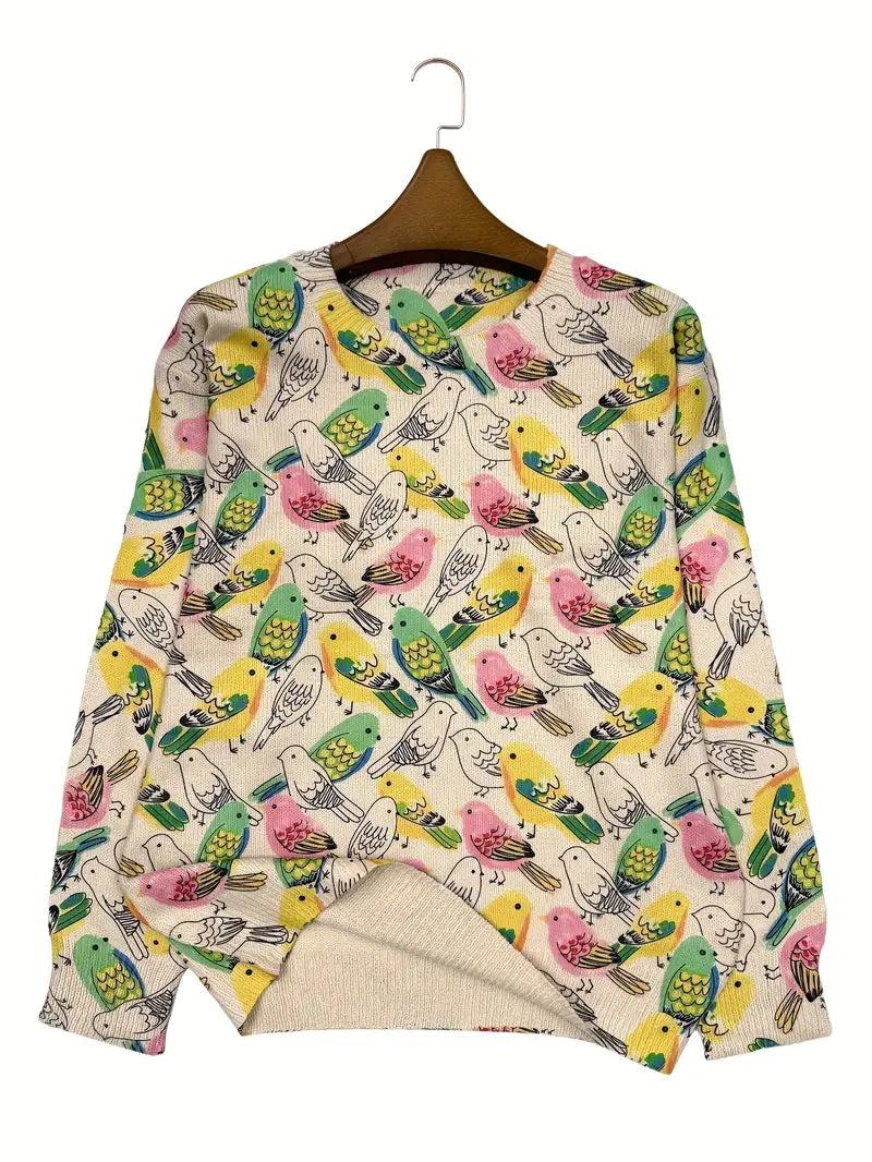 Casual Crew Neck Long Sleeve Sweater, Women's Clothing Parrot & Palm Tree
