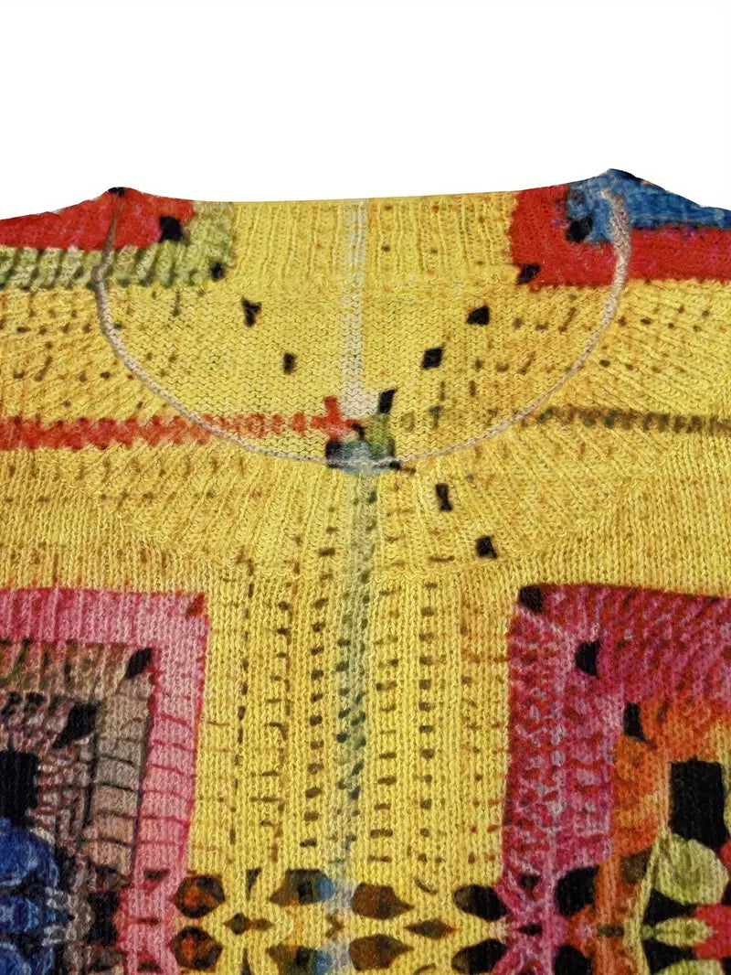 Casual Crew Neck Long Sleeve Sweater, Women's Clothing Square Stripes