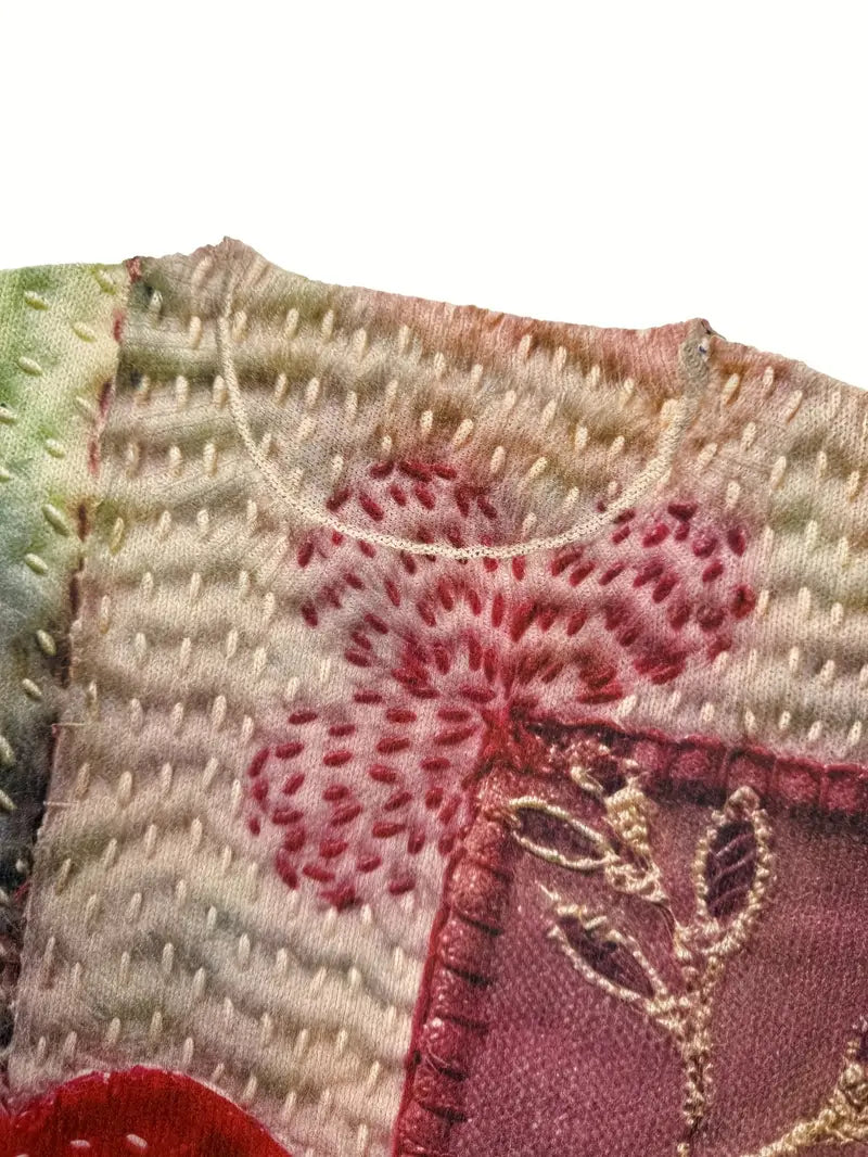 Casual Crew Neck Long Sleeve Sweater, Women's Clothing Heart & Floral Patchwork