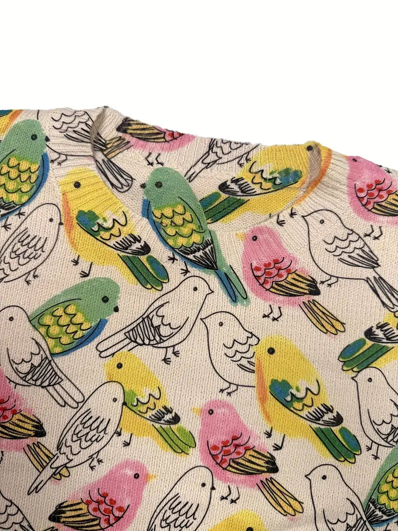 Casual Crew Neck Long Sleeve Sweater, Women's Clothing Parrot & Palm Tree