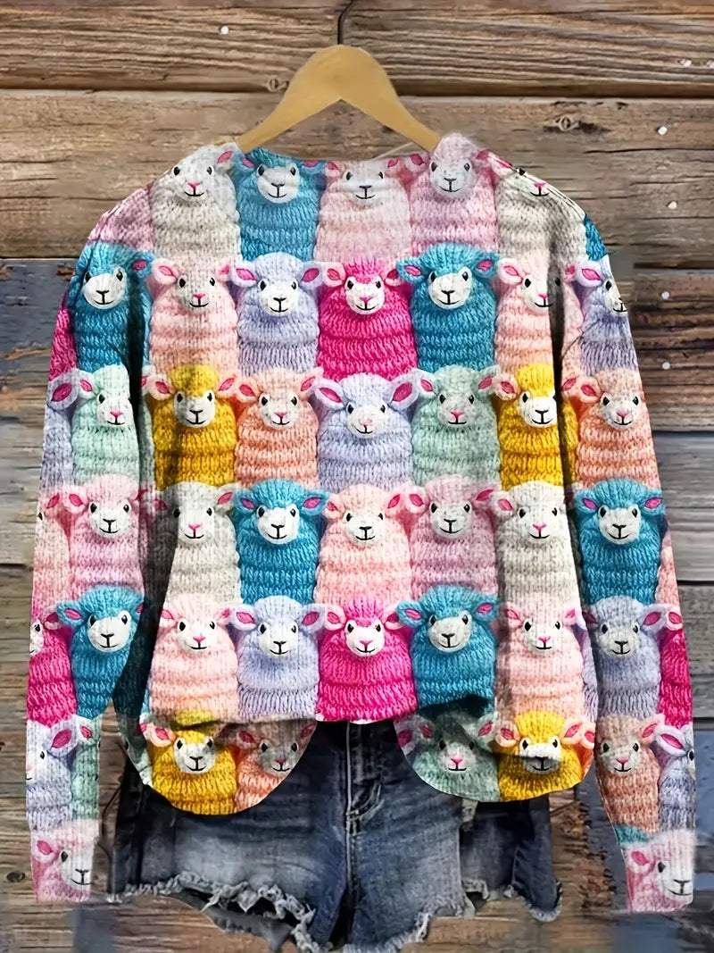 Casual Crew Neck Long Sleeve Sweater, Women's Clothing Sheep Print