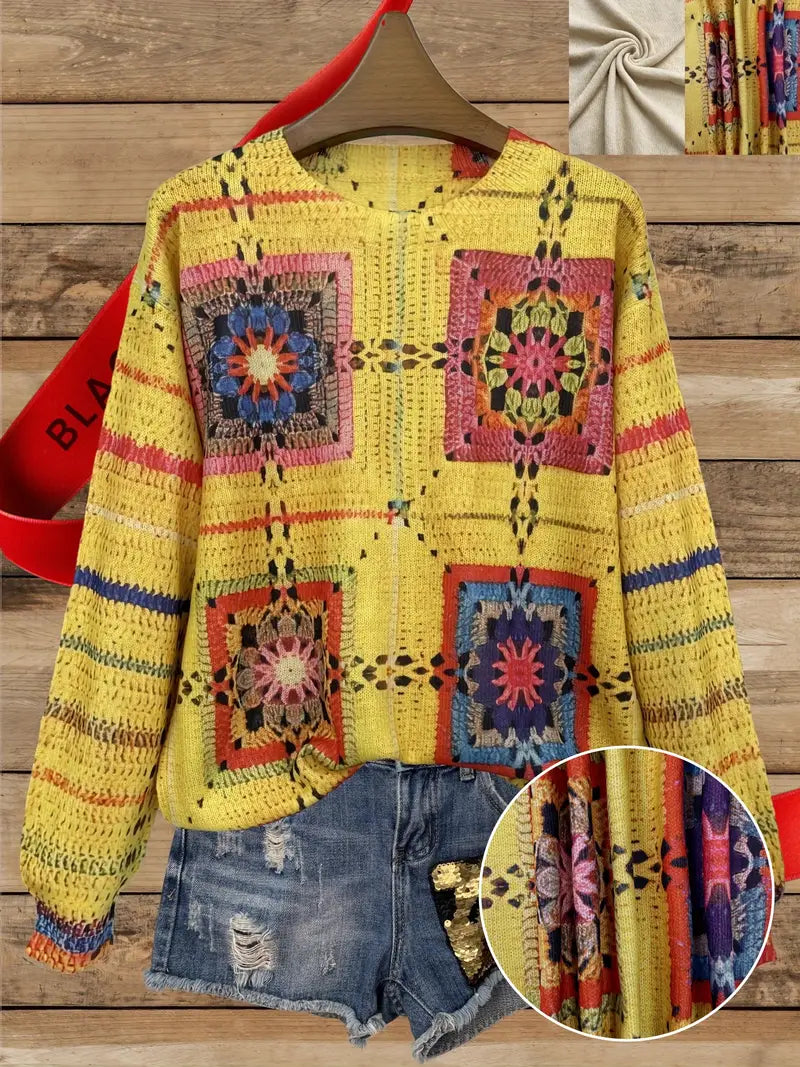 Casual Crew Neck Long Sleeve Sweater, Women's Clothing Square Stripes