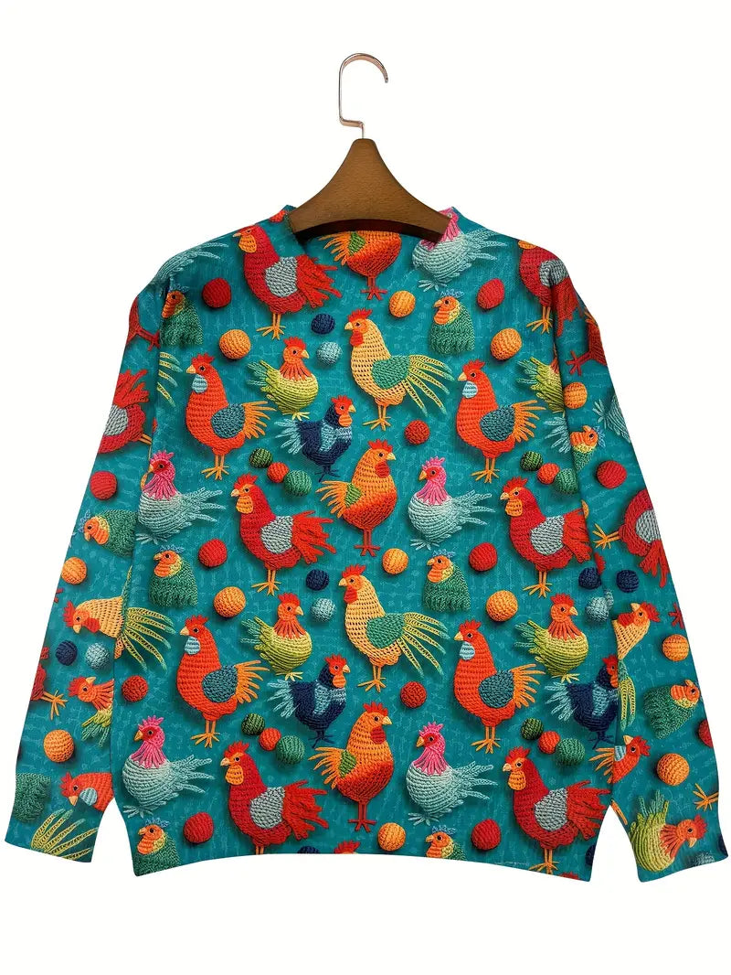 Casual Crew Neck Long Sleeve Sweater, Women's Clothing Chicken Print