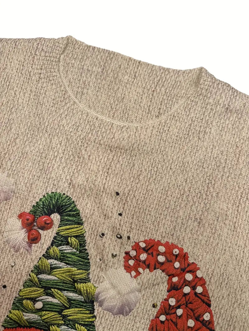 Casual Crew Neck Long Sleeve Sweater, Women's Clothing Gothic Raven & Santa Claus