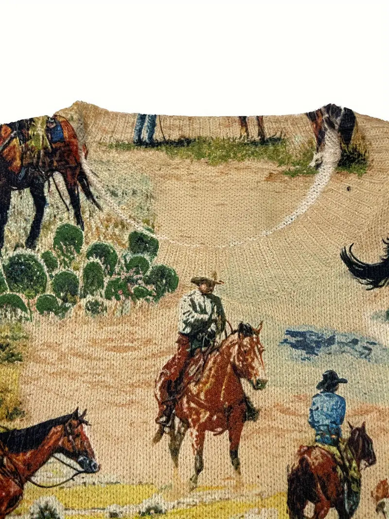 Casual Crew Neck Long Sleeve Sweater, Women's Clothing Western Cowboy