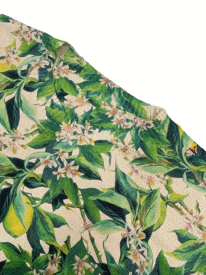 Casual Crew Neck Long Sleeve Sweater, Women's Clothing Green & White Floral