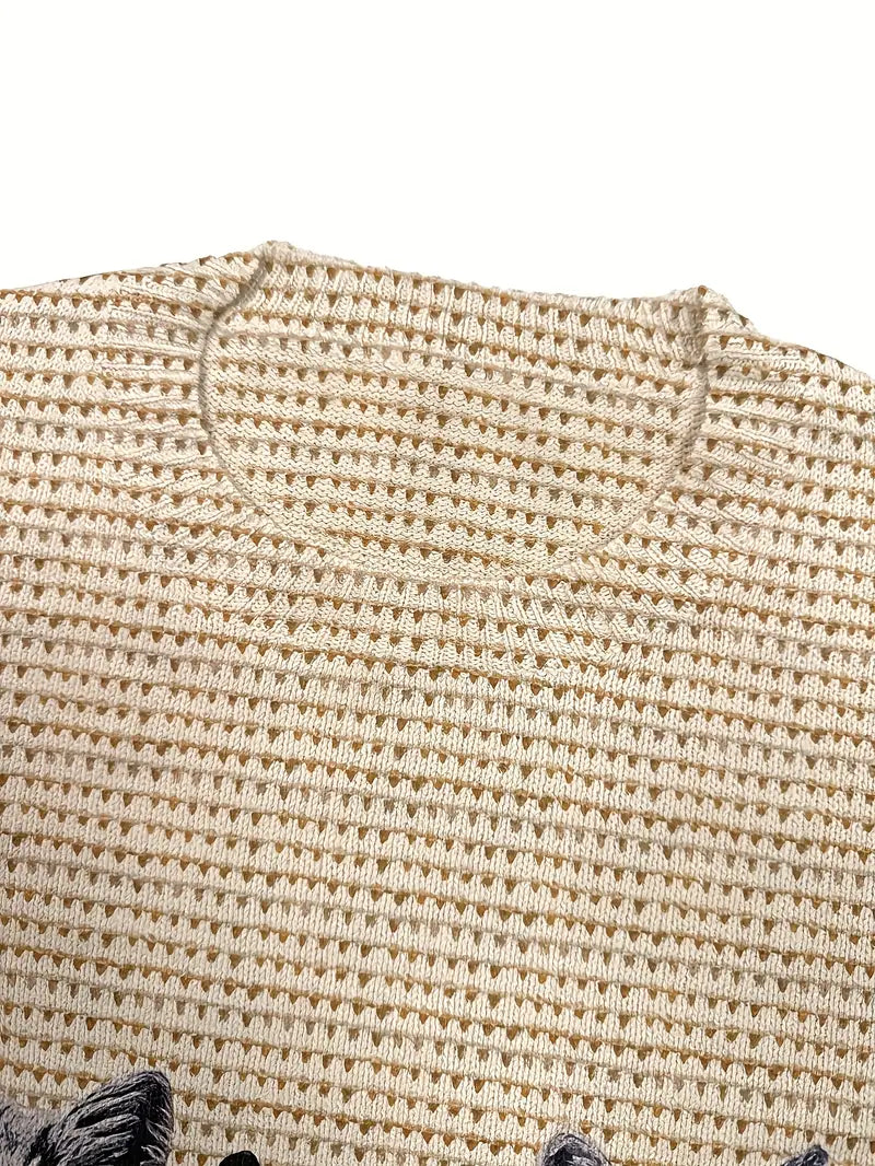 Casual Crew Neck Long Sleeve Sweater, Women's Clothing Realistic Cat Print