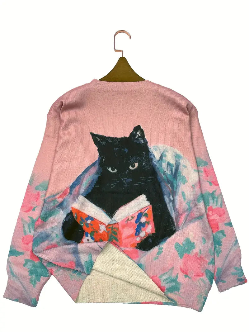 Casual Crew Neck Long Sleeve Sweater, Women's Clothing Black cat