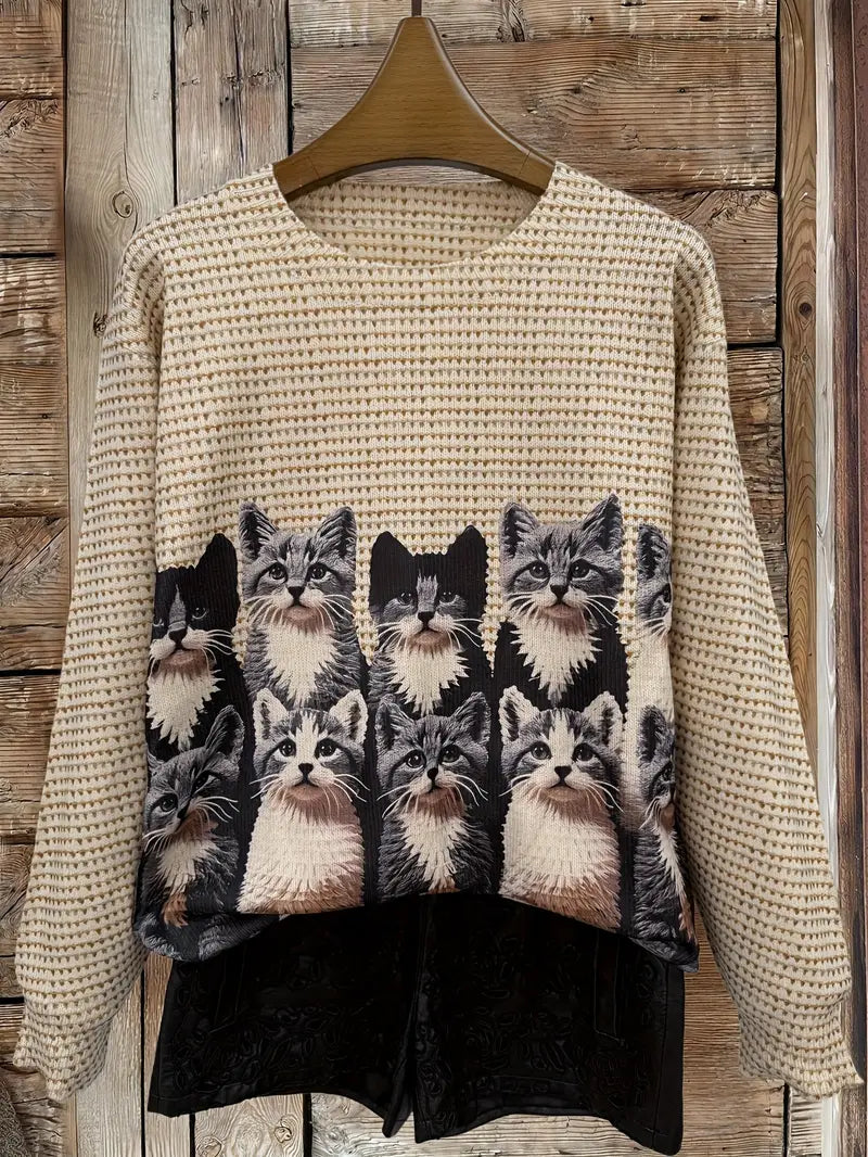 Casual Crew Neck Long Sleeve Sweater, Women's Clothing Realistic Cat Print