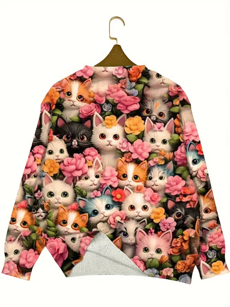 Casual Crew Neck Long Sleeve Sweater, Women's Clothing Cat & Floral Print