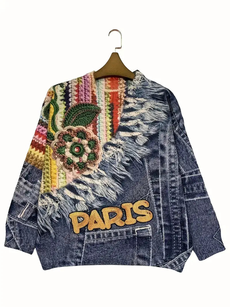 Casual Crew Neck Long Sleeve Sweater, Women's Clothing Floral & Geometric