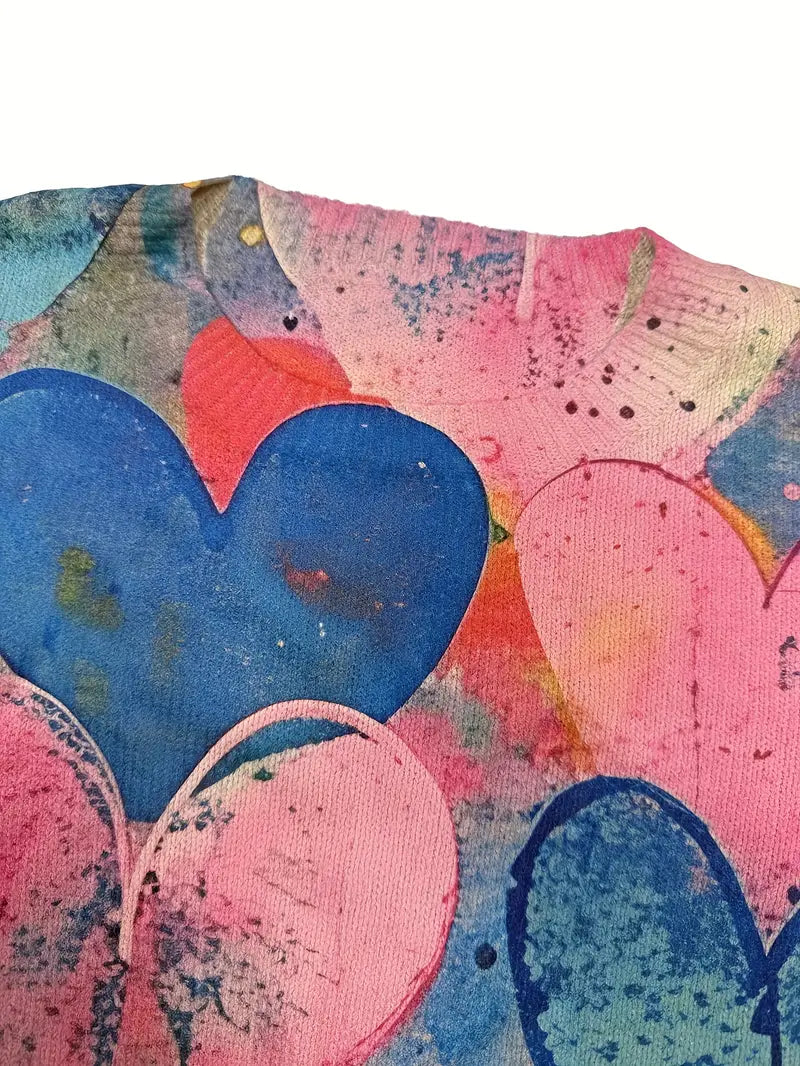 Casual Crew Neck Long Sleeve Sweater, Women's Clothing Gothic Raven & Multicolor Heart