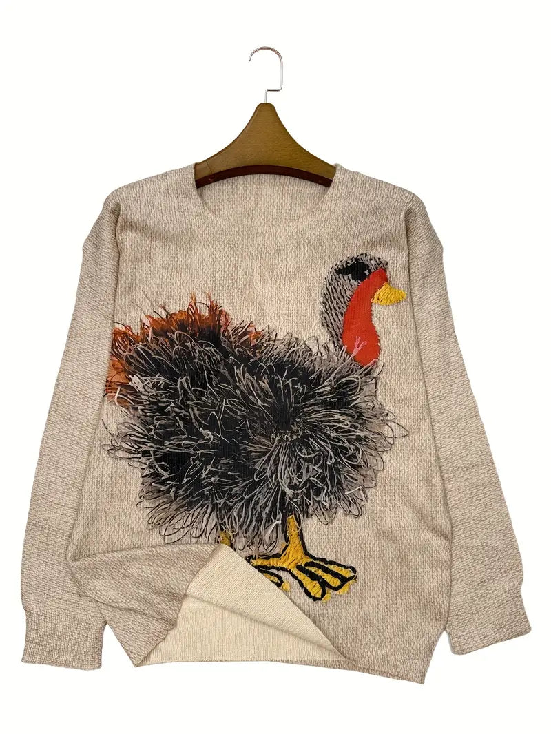 Casual Crew Neck Long Sleeve Sweater, Women's Clothing Turkey Pattern