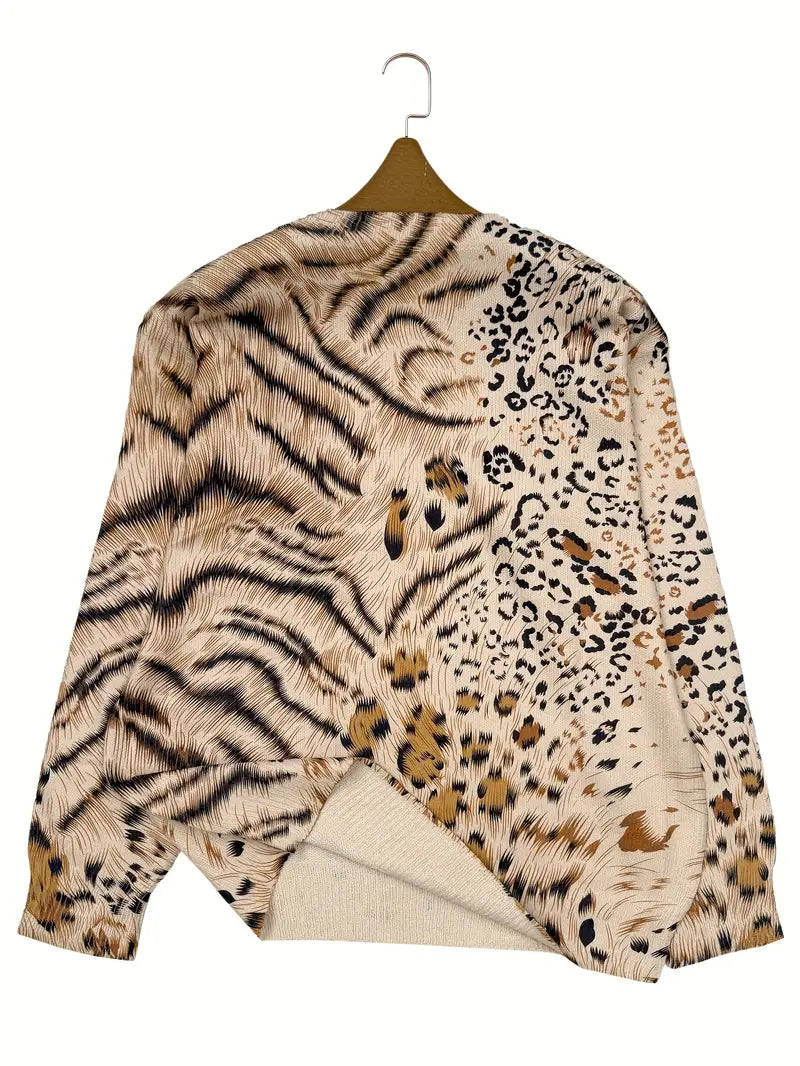 Casual Crew Neck Long Sleeve Sweater, Women's Clothing Animal Pattern