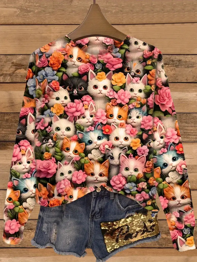 Casual Crew Neck Long Sleeve Sweater, Women's Clothing Cat & Floral Print