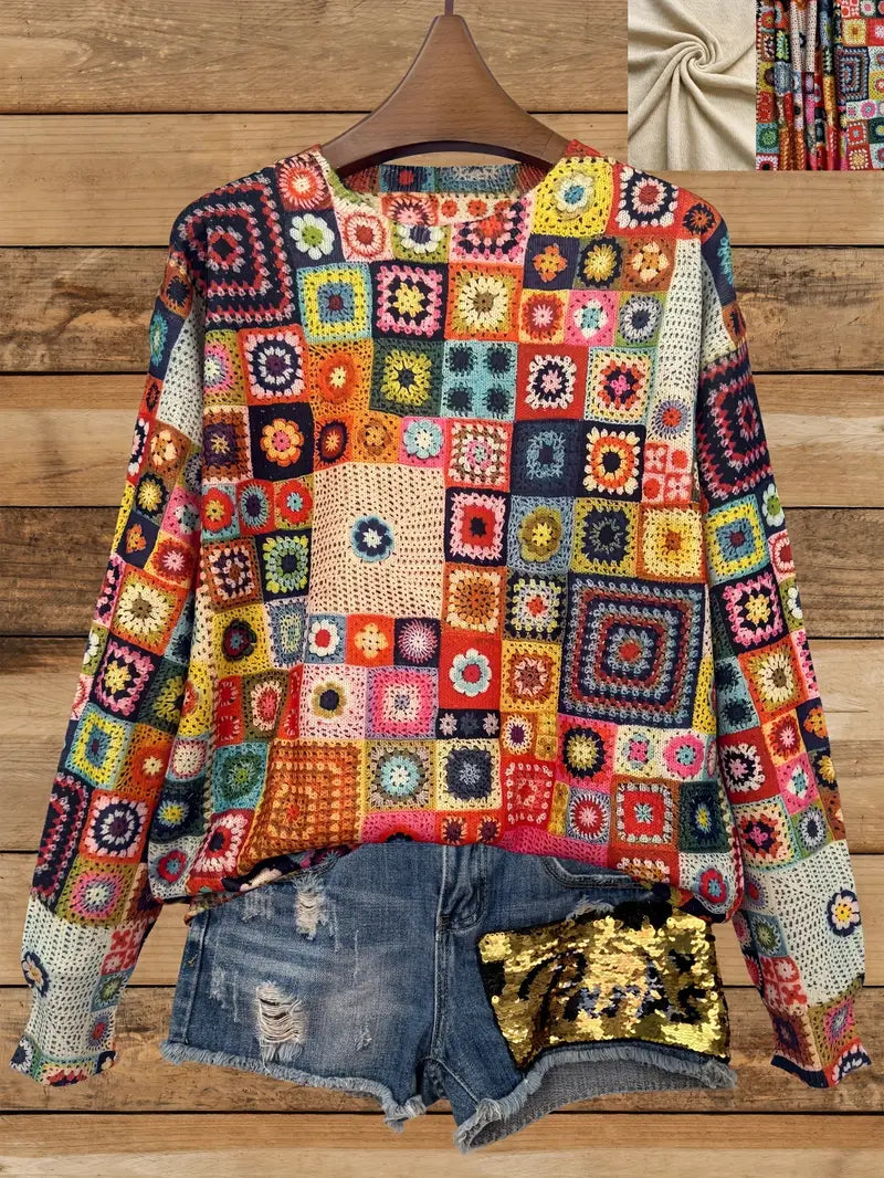 Casual Crew Neck Long Sleeve Sweater, Women's Clothing Rectangle Pattern