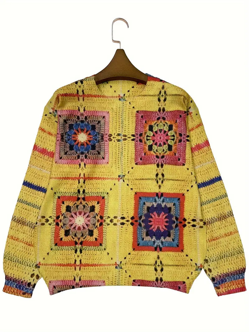 Casual Crew Neck Long Sleeve Sweater, Women's Clothing Square Stripes