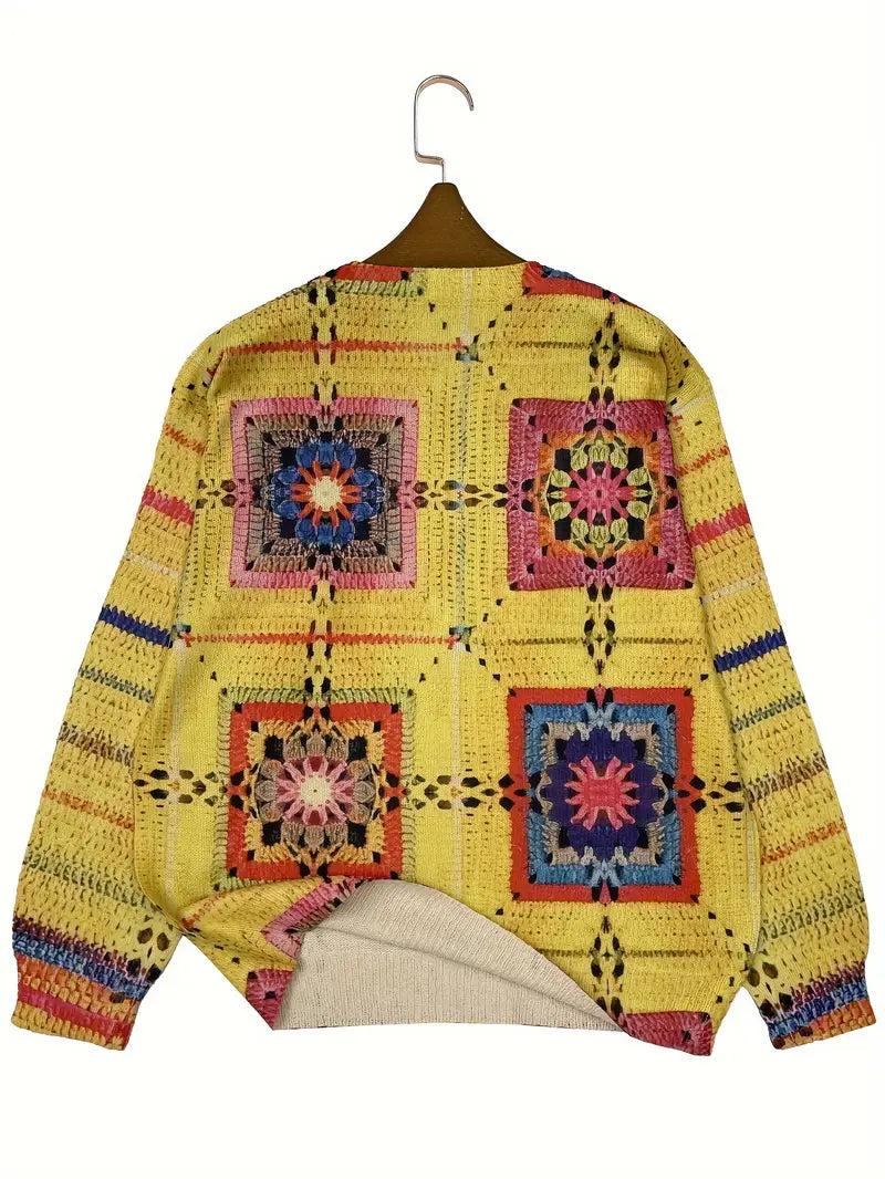 Casual Crew Neck Long Sleeve Sweater, Women's Clothing Square Stripes