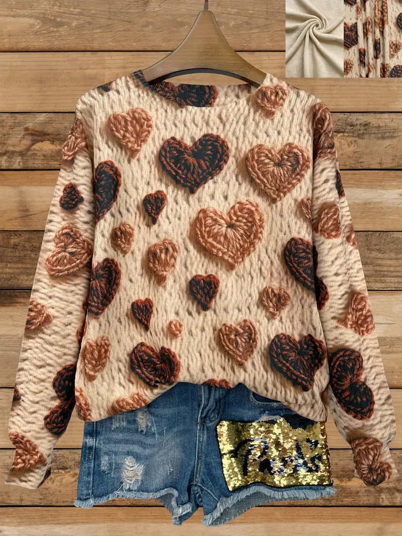 Casual Crew Neck Long Sleeve Sweater, Women's Clothing Brown Heart