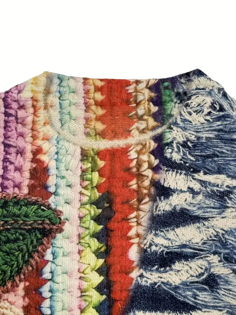 Casual Crew Neck Long Sleeve Sweater, Women's Clothing Floral & Geometric