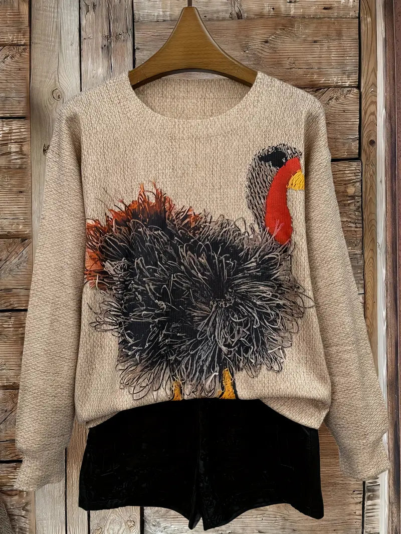 Casual Crew Neck Long Sleeve Sweater, Women's Clothing Turkey Pattern
