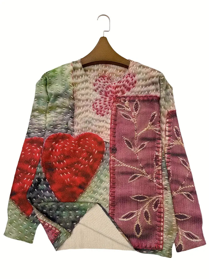 Casual Crew Neck Long Sleeve Sweater, Women's Clothing Heart & Floral Patchwork