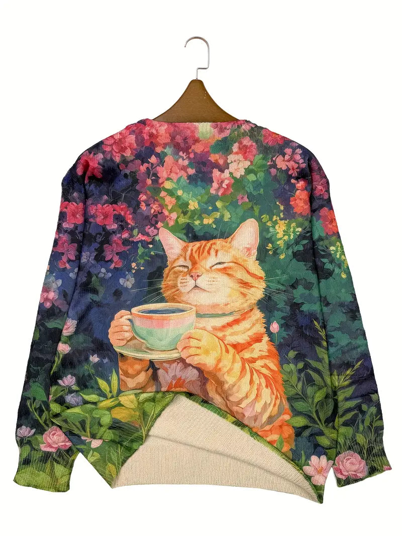 Casual Crew Neck Long Sleeve Sweater, Women's Clothing Maneki-Neko Lucky Cat
