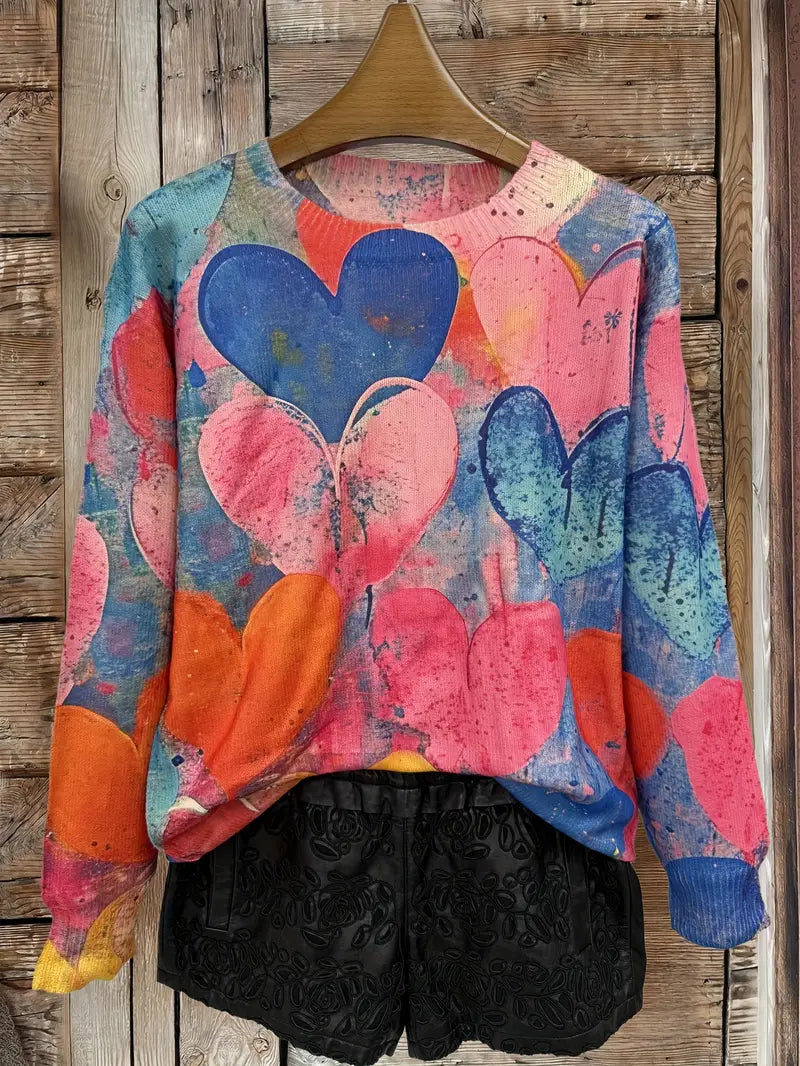 Casual Crew Neck Long Sleeve Sweater, Women's Clothing Gothic Raven & Multicolor Heart